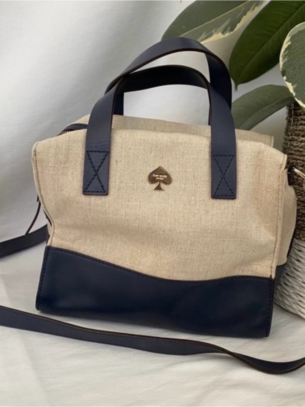 kate spade Beige and Navy Canvas Satchel with Gold Spade Logo